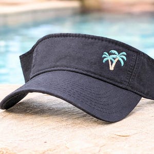 Embroidered Palm Tree Visor: Beach Vacation Hat, Small Design in Corner, Black + Gift