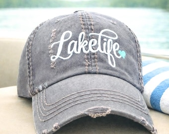 Women's Embroidered Lake Life Baseball Cap: Hat, Cursive Script Font, Optional # Heart Gift Clothing