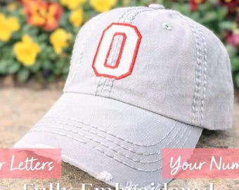 Women's sport hat, custom number initials team player jersey baseball cap, varsity font, gift