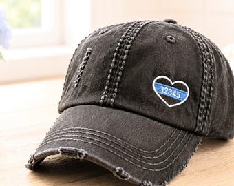 Embroidered Thin Blue Line Heart Hat: Police LEO Wife Baseball Cap, Optional Badge Number