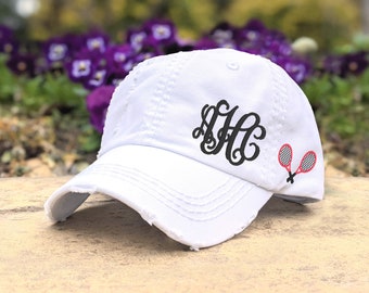 Women's tennis racquet crossed rackets hat with monogram initials, monogrammed baseball cap, gift for player lover team mom sister friend