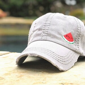 Embroidered Watermelon Baseball Cap: Women&#39;s Distressed Cotton Hat, Small Corner Design