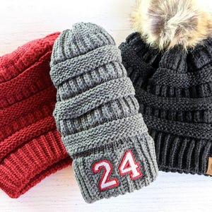 Custom jersey player team number beanie, winter hat cap, varsity sport font football hockey
