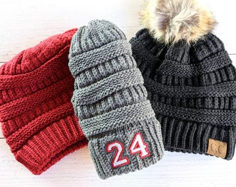 Custom jersey player team number beanie, winter hat cap, varsity sport font football hockey