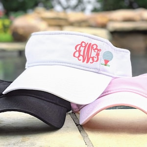 Women&#39;s Golf Golfer Golfing Monogrammed Visor, Cute Initials Monogram Embroidered Golf Ball and Tee Hat Cap, Gift for Player Mom Friend Wife
