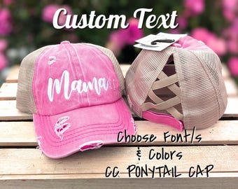 Custom Text Embroidered CC Ponytail Hat Cap: Pink + Criss  display picture 3