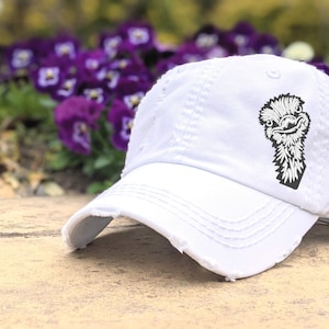 Embroidered Ostrich Baseball Cap: Women&#39;s Distressed Cotton Hat, White More
