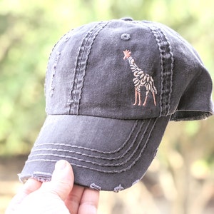 Embroidered Giraffe Hat: Women&#39;s Distressed Baseball Cap, Floral Accent
