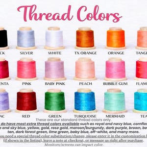 a collection of 16 different thread colors, each with its own unique color and label. The colors include black, silver, white, orange, tangerine, magenta, pink, baby pink, peach, bubble gum, flamingo, turquoise, green, mermaid, teal, and teal. The image provides a visual guide for these various thread colors, which can be used for sewing or crafting purposes.