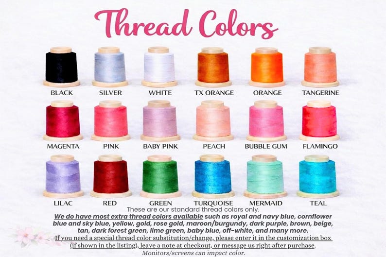 a collection of 16 different thread colors, each with its own unique color and label. The colors include black, silver, white, orange, tangerine, magenta, pink, baby pink, peach, bubble gum, flamingo, turquoise, green, mermaid, teal, and teal. The image provides a visual guide for these various thread colors, which can be used for sewing or crafting purposes.
