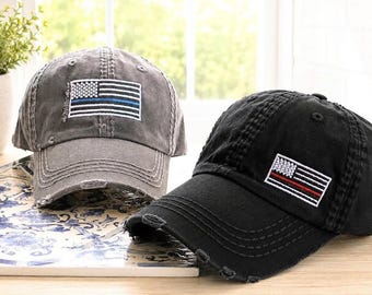Thin Line American Flag Hat: Blue Red Gold +, Small, Large Rectangle Design, Gift Clothing