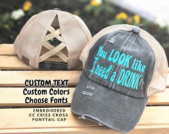 Custom Embroidered CC Ponytail Hat Cap: Pun Funny Criss Cross Personalized Text Choose Fonts