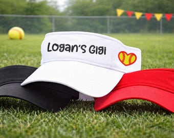 Visera de softbol: Nombre del equipo personalizado, texto, frase, eslogan, número, detalle de pelota en forma de corazón, regalo