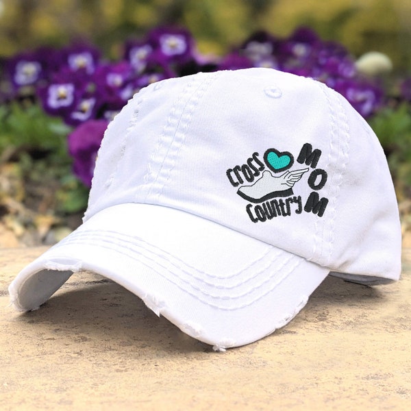 Women's cross country mom hat, cute xc cc cross country mom baseball cap, small embroidered sewn design in hat corner, spirit wear meet race