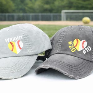 Softball Baseball Mom Cap: Embroidered Split Half Both Heart Hat, Jersey Number Name Gift