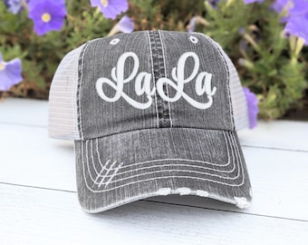 Lala or custom text name nickname la la lolly embroidered women's baseball cap hat, grey mesh back, cute bling rhinestones, gift birthday