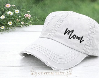 Embroidered Mom Or Custom Text Baseball Cap: Personalized Cursive Text, Gift Clothing