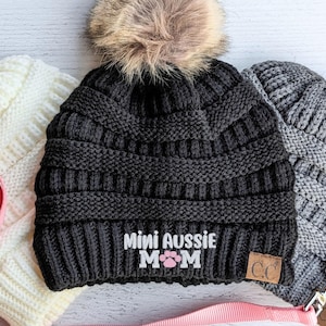Mini Aussie Dog Mom or Mama CC Beanie: Miniature Australian Shepherd Winter Hat Cap