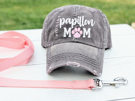 Papillon Mom Embroidered Dog Themed Distressed Baseball Cap  display picture 1