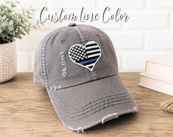Flag Heart Thin Line Women's Hat: Blue Red Gold + Cap, Embroidered Police Firefighter USA +