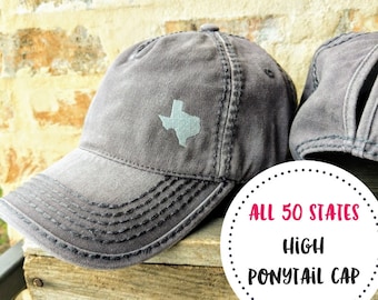 State High Ponytail Cap, 50 States Baseball Cap, 50 States Hat, High Ponytail Cap, Messy Bun Cap, Messy Bun Hat, Women's Texas Baseball Cap