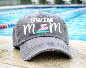 Swim Mom Baseball Cap: Embroidered Hat, Mother of Competitive Athlete Swimmer Gift Clothing