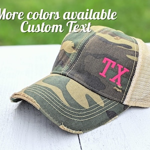 Abbreviation Airport Code State Trucker Hat: TX More, Camo Pink, Vintage Wash, Mesh Snapback