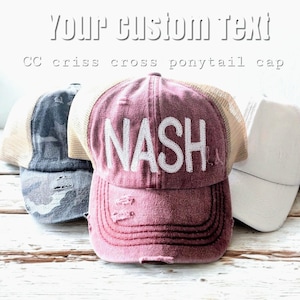 Custom Text Hat, CC Criss Cross Ponytail Cap, Nash Knox Airport Area Code Name Gift