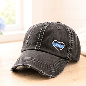 Embroidered Thin Blue Line Heart Hat: Police LEO Wife Baseball Cap, Optional Badge Number