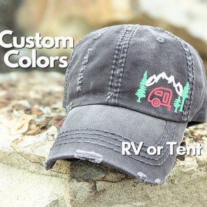 Women's camping hat, tent or rv, cute small corner design, gift present clothing mountains trees, for her wife mom friend sister outdoosry