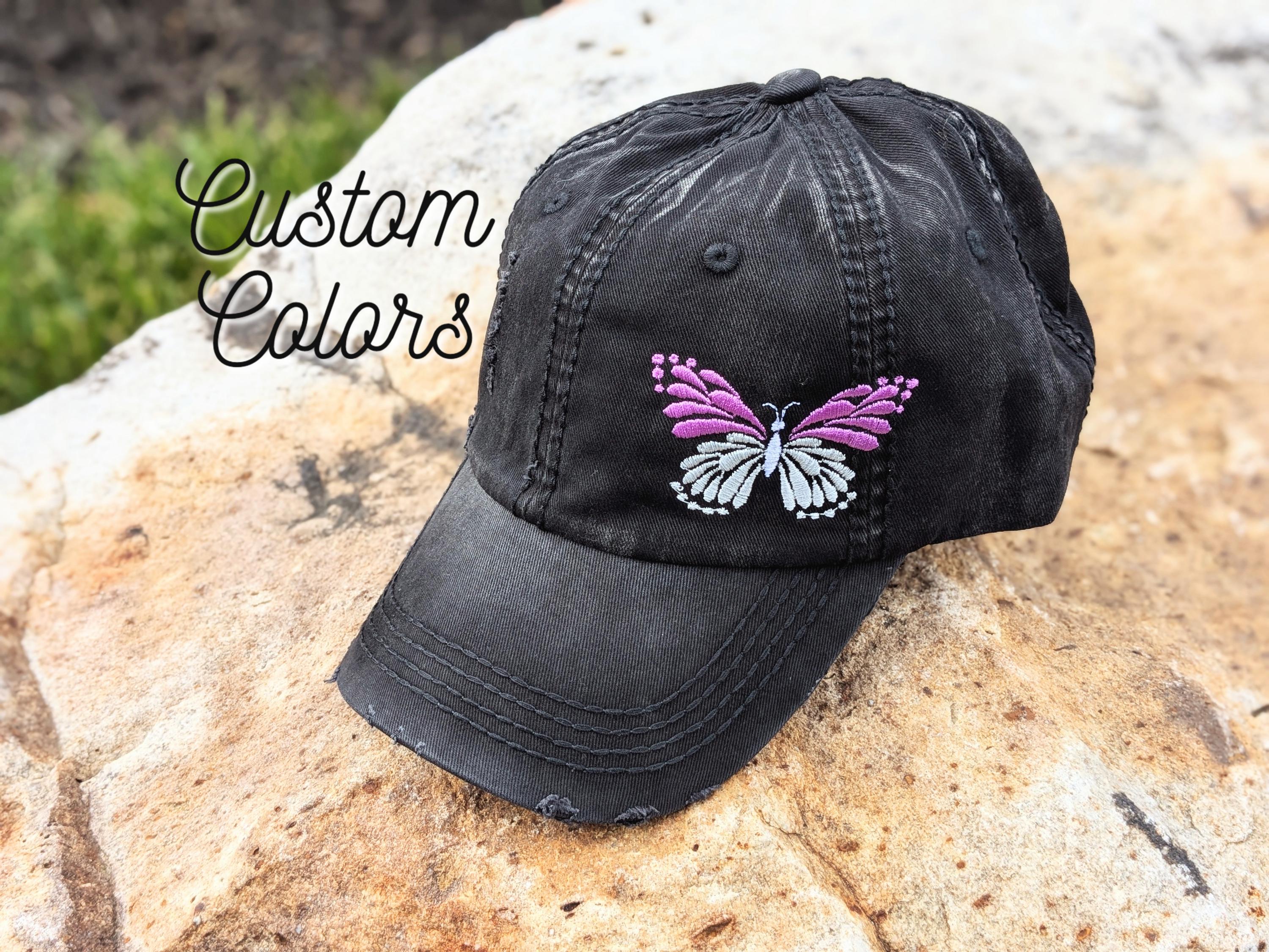 New Custom Designed Blue Distressed Baseball Cap with Lace Embroidered Butterfly Butterfly Caps | North Carolina Apparel – Our State Store main image 4