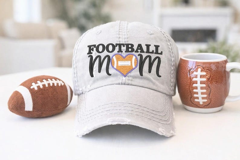 Football Mom Hat: Embroidered Heart Ball, Baseball Cap, Large Big Design, Gift Clothing Present Bild 1