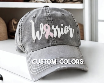 Warrior Baseball Cap Hat, Pink Ribbon + Breast Cancer Custom Ribbon Color, Embroidered Chemo Support Gift Present Clothing Her Wife Mom