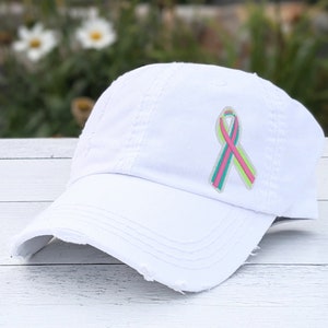 Embroidered Metastatic Breast Cancer Ribbon Hat: Distressed Cotton Cap, White More
