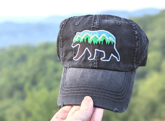 Women's Embroidered Black Bear Mountain Tree Camping Hiking Hat
