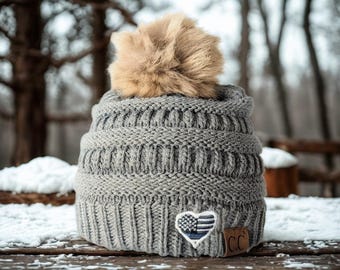 Thin Blue Line Heart Flag Beanie Hat, Optional Badge Number, LEO Mom Wife Gift