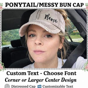 Custom Text Embroidered High Ponytail Hat Messy Bun Cap, Choose Font, Cursive + Gift