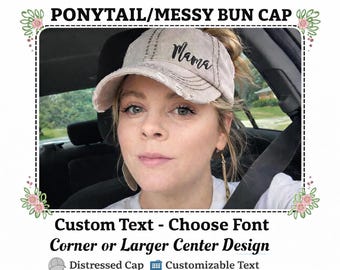 Custom Text Embroidered High Ponytail Hat Messy Bun Cap, Choose Font, Cursive + Gift