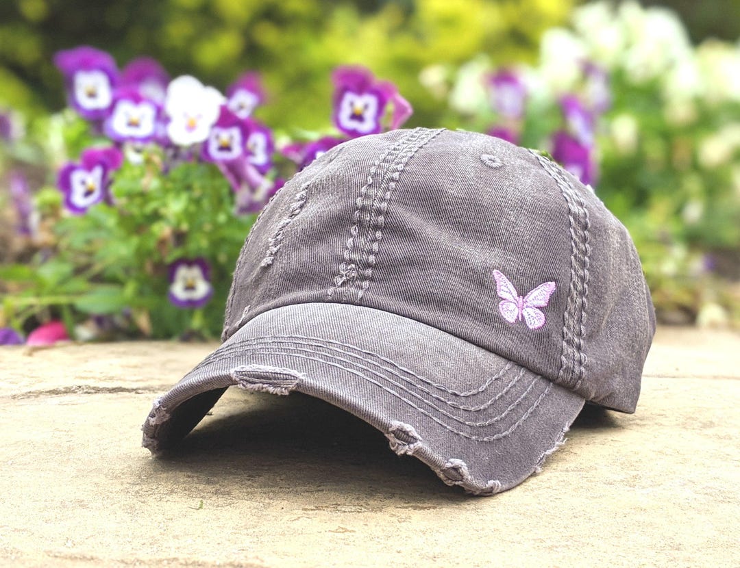 New Custom Designed Gray Distressed Baseball Cap with Purple Quilted Butterfly. Women main image 2