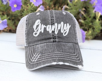 Granny or custom text name nickname embroidered women's baseball cap hat, grey cute mesh back, add bling rhinestones, gift present birthday