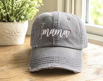 Mama Baseball Cap Hat, Custom Personalized Embroidered, Cursive Script Font Optional Heart, Gift Present