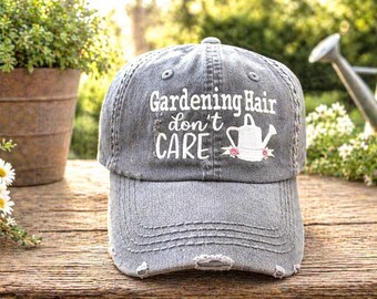 Embroidered Gardening Hat: Hair Don't Care Women's Baseball Cap, Watering Can Flowers