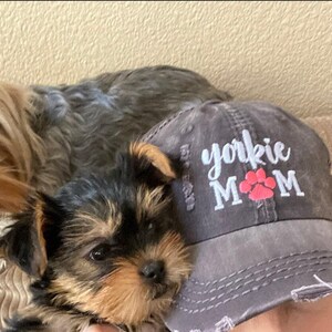 Yorkie Dog Mom Hat: Yorkshire Terrier Dog Embroidered Paw Print Baseball Cap, Gift Clothing image 2