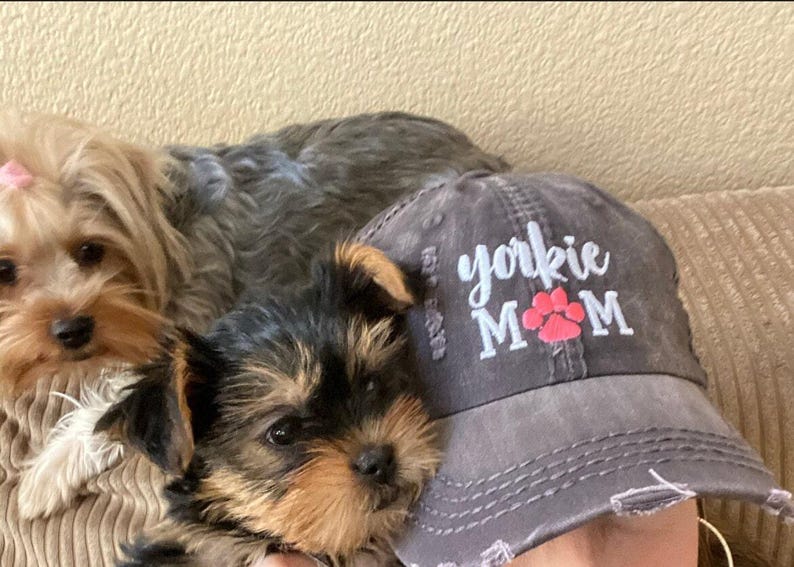 Yorkie Dog Mom Hat: Yorkshire Terrier Dog Embroidered Paw Print Baseball Cap, Gift Clothing image 2