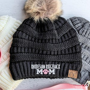 Rhodesian Ridgeback Dog Mom or Mama CC Beanie: Winter Hat Cap Optional Pom, Embroidered