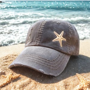 Embroidered Starfish Baseball Cap: Women&#39;s Distressed Cotton Hat, Beach Gift