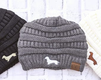 Women's Embroidered Dachshund Beanie, Doxie Wiener Dog Winter Hat Cap, CC Optional Pom