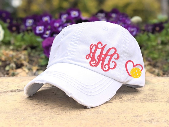 Monogrammed Pickleball Hat: Women's Distressed Baseball Cap, White Pink More