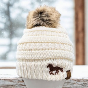 Women's Horse Beanie, Fall Winter Hat Cap Toque, Walking Trotting Silhouette Shape Outline Gift