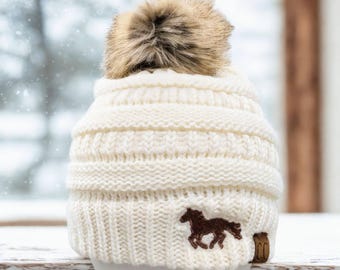 Women's Horse Beanie, Fall Winter Hat Cap Toque, Walking Trotting Silhouette Shape Outline Gift